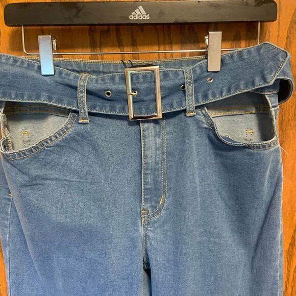 PLT Bell Bottom Flare Jeans Cutout Stretch High Rise Women’s 8 Light Wash Belted - Picture 4 of 7